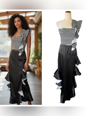 Ursime black and white tiered ruffle satin skirt
